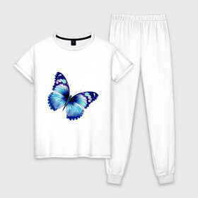 Женская пижама хлопок с принтом Синяя бабочка , 100% хлопок | брюки и футболка прямого кроя, без карманов, на брюках мягкая резинка на поясе и по низу штанин | бабочка | крылья | мотылек | насекомое | полет | рисунок | синий