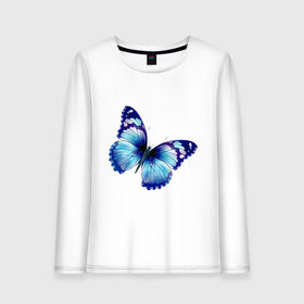 Женский лонгслив хлопок с принтом Синяя бабочка , 100% хлопок |  | бабочка | крылья | мотылек | насекомое | полет | рисунок | синий