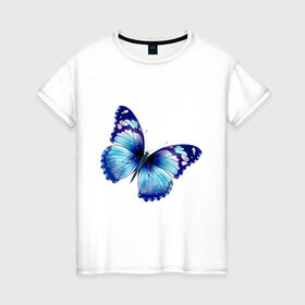 Женская футболка хлопок с принтом Синяя бабочка , 100% хлопок | прямой крой, круглый вырез горловины, длина до линии бедер, слегка спущенное плечо | бабочка | крылья | мотылек | насекомое | полет | рисунок | синий