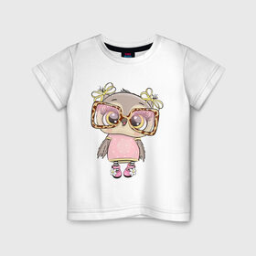 Детская футболка хлопок с принтом Модная малышка совушка , 100% хлопок | круглый вырез горловины, полуприлегающий силуэт, длина до линии бедер | бантики | детские | леопардовый | малышка | мода | модная | мультяшно | очки | реснички | рисунок | хуманизация