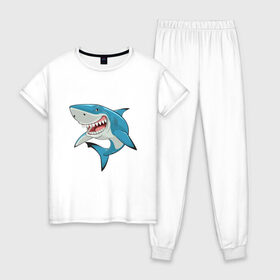 Женская пижама хлопок с принтом акула злая , 100% хлопок | брюки и футболка прямого кроя, без карманов, на брюках мягкая резинка на поясе и по низу штанин | акула | злая | зубы | море | океан | опасность | пасть | природа | рисунок | рыба