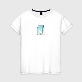 Женская футболка хлопок с принтом Kawaii milk , 100% хлопок | прямой крой, круглый вырез горловины, длина до линии бедер, слегка спущенное плечо | kawaii milk | еда | иероглифы | кавайное молоко | милый | япония