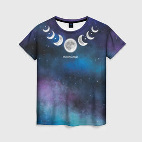 Женская футболка 3D с принтом Moonchild , 100% полиэфир ( синтетическое хлопкоподобное полотно) | прямой крой, круглый вырез горловины, длина до линии бедер | ведьма | волшебство | звезды | колдовство | космос | луна | лунное дитя | лунный цикл | магия | ночь | полная луна | полумесяц | фазы луны