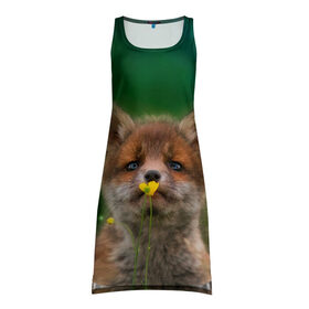 Платье-майка 3D с принтом Лисенок нюхает цветок , 100% полиэстер | полуприлегающий силуэт, широкие бретели, круглый вырез горловины, удлиненный подол сзади. | fox | foxy | животное | звери | лиса | лисенок | лисичка | милая | рыжая | фокс