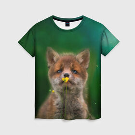 Женская футболка 3D с принтом Лисенок нюхает цветок , 100% полиэфир ( синтетическое хлопкоподобное полотно) | прямой крой, круглый вырез горловины, длина до линии бедер | fox | foxy | животное | звери | лиса | лисенок | лисичка | милая | рыжая | фокс