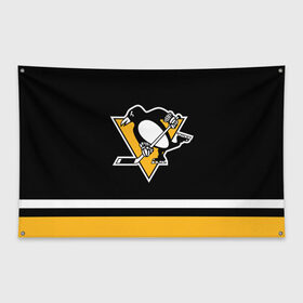 Флаг-баннер с принтом Питтсбург Пингвинз (Форма1) , 100% полиэстер | размер 67 х 109 см, плотность ткани — 95 г/м2; по краям флага есть четыре люверса для крепления | нхл | пингвины | питтсбург пингвинз | питтсбург пингвинз форма | хоккей