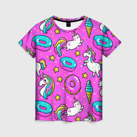 Женская футболка 3D с принтом Единороги с пончиками , 100% полиэфир ( синтетическое хлопкоподобное полотно) | прямой крой, круглый вырез горловины, длина до линии бедер | dab | dab единорог | dabbing unicorn | unicorn | брызги красок | детская | единорог радуга | краски | круги | прикольные картинки | радуга | радужные краски | радужный единорог | утята