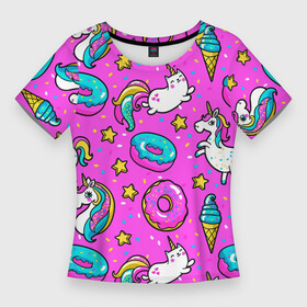 Женская футболка 3D Slim с принтом Единороги с пончиками ,  |  | dab | dab единорог | dabbing unicorn | unicorn | брызги красок | детская | единорог радуга | краски | круги | прикольные картинки | радуга | радужные краски | радужный единорог | утята