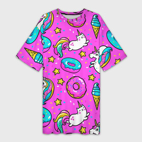 Платье-футболка 3D с принтом Единороги с пончиками ,  |  | dab | dab единорог | dabbing unicorn | unicorn | брызги красок | детская | единорог радуга | краски | круги | прикольные картинки | радуга | радужные краски | радужный единорог | утята