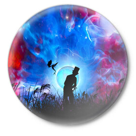 Значок с принтом Фантазия: фея и шляпник ,  металл | круглая форма, металлическая застежка в виде булавки | красота | луна | ночь | фантазия | фея | шляпник