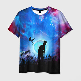 Мужская футболка 3D с принтом Фантазия: фея и шляпник , 100% полиэфир | прямой крой, круглый вырез горловины, длина до линии бедер | Тематика изображения на принте: красота | луна | ночь | фантазия | фея | шляпник