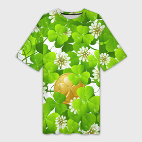 Платье-футболка 3D с принтом Ирландский Клевер и Монетка ,  |  | день ирландии | зеленая | зеленый | ирландец | ирландская | ирландский | клевер | монета | патрик | с патриком