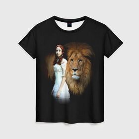 Женская футболка 3D с принтом Львиная дружба , 100% полиэфир ( синтетическое хлопкоподобное полотно) | прямой крой, круглый вырез горловины, длина до линии бедер | Тематика изображения на принте: девушка | животное | зверь | кошка | красотка