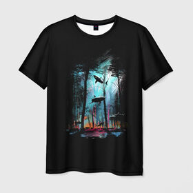 Мужская футболка 3D с принтом Shark forest , 100% полиэфир | прямой крой, круглый вырез горловины, длина до линии бедер | bottom | colors | dusk | ecosystem | forest | paints | predator | predators | shark | sharks | tree | trees | акула | акулы | дерево | деревья | дно | краски | лес | сумерки | хищник | хищники | экосистема