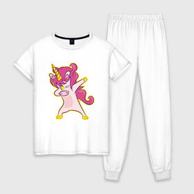 Женская пижама хлопок с принтом Dab unicorn , 100% хлопок | брюки и футболка прямого кроя, без карманов, на брюках мягкая резинка на поясе и по низу штанин | dab unicorn | unicorn | единорог | лошадка | танцующий единорог
