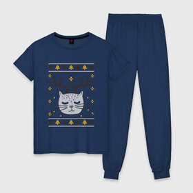 Женская пижама хлопок с принтом Рождественский свитер с котом , 100% хлопок | брюки и футболка прямого кроя, без карманов, на брюках мягкая резинка на поясе и по низу штанин | food | mandarins | mem | meme | new year | sweater | ugly | в слюнявчике | еда | жрать | жрац | кот | котяра | кушац | кушот | мем | мем с котом | мемы | неси | новый год | оливье | прикол | рождество | свитер | слюнявчик