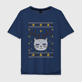Мужская футболка хлопок Oversize с принтом Рождественский свитер с котом , 100% хлопок | свободный крой, круглый ворот, “спинка” длиннее передней части | food | mandarins | mem | meme | new year | sweater | ugly | в слюнявчике | еда | жрать | жрац | кот | котяра | кушац | кушот | мем | мем с котом | мемы | неси | новый год | оливье | прикол | рождество | свитер | слюнявчик