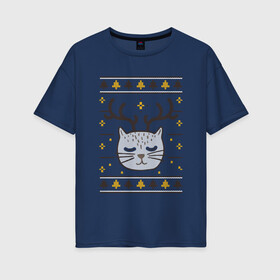 Женская футболка хлопок Oversize с принтом Рождественский свитер с котом , 100% хлопок | свободный крой, круглый ворот, спущенный рукав, длина до линии бедер
 | food | mandarins | mem | meme | new year | sweater | ugly | в слюнявчике | еда | жрать | жрац | кот | котяра | кушац | кушот | мем | мем с котом | мемы | неси | новый год | оливье | прикол | рождество | свитер | слюнявчик