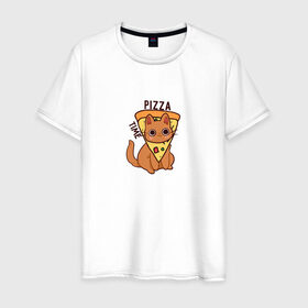 Мужская футболка хлопок с принтом Время пиццы! , 100% хлопок | прямой крой, круглый вырез горловины, длина до линии бедер, слегка спущенное плечо. | pizza time | еда | животные | кот | котик | кошка | пицца