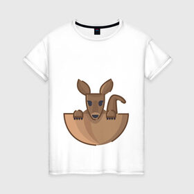 Женская футболка хлопок с принтом Кенгуренок в сумке , 100% хлопок | прямой крой, круглый вырез горловины, длина до линии бедер, слегка спущенное плечо | animals | australia | baby | bag | cute | ears | eyes | jump | kangaroo | leap | mother | nose | paws | pocket | sack | shadow | tail | австралия | глаза | детеныш | животные | карман | кенгуренок | кенгуру | лапы | мама | мешок | милый | нос | няшный | п