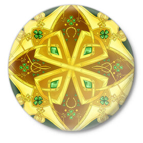 Значок с принтом Золотой клевер ,  металл | круглая форма, металлическая застежка в виде булавки | золото | кельтский узор | клевер | подарки | узор