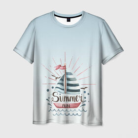 Мужская футболка 3D с принтом кораблик лето , 100% полиэфир | прямой крой, круглый вырез горловины, длина до линии бедер | брызги | вода | волны | градиент | кораблик | лето | море | отдых | отпуск | парусник | фан | чайки | яхта