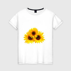 Женская футболка хлопок с принтом Подсолнухи , 100% хлопок | прямой крой, круглый вырез горловины, длина до линии бедер, слегка спущенное плечо | желтый | лето | оранжевый | подсолнухи | рубэкия | румбекия | солнце | цветы | ярко