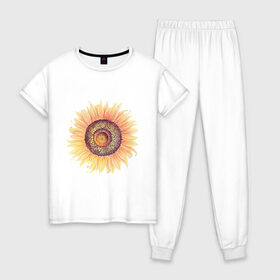 Женская пижама хлопок с принтом большой подсолнух рисунок , 100% хлопок | брюки и футболка прямого кроя, без карманов, на брюках мягкая резинка на поясе и по низу штанин | акварель | желтый | краска | лето | оранжевый | подсолнухи | рисунок | рубэкия | румбекия | солнце | цветы | ярко