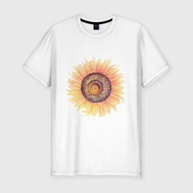 Мужская футболка хлопок Slim с принтом большой подсолнух рисунок , 92% хлопок, 8% лайкра | приталенный силуэт, круглый вырез ворота, длина до линии бедра, короткий рукав | акварель | желтый | краска | лето | оранжевый | подсолнухи | рисунок | рубэкия | румбекия | солнце | цветы | ярко