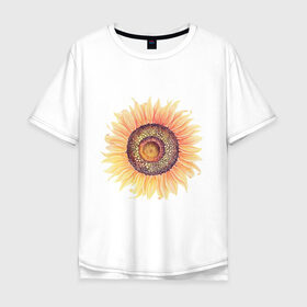 Мужская футболка хлопок Oversize с принтом большой подсолнух рисунок , 100% хлопок | свободный крой, круглый ворот, “спинка” длиннее передней части | Тематика изображения на принте: акварель | желтый | краска | лето | оранжевый | подсолнухи | рисунок | рубэкия | румбекия | солнце | цветы | ярко