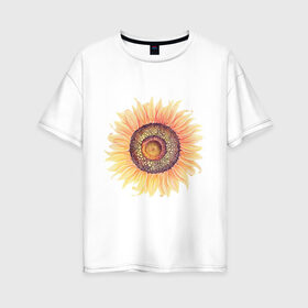 Женская футболка хлопок Oversize с принтом большой подсолнух рисунок , 100% хлопок | свободный крой, круглый ворот, спущенный рукав, длина до линии бедер
 | акварель | желтый | краска | лето | оранжевый | подсолнухи | рисунок | рубэкия | румбекия | солнце | цветы | ярко