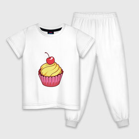 Детская пижама хлопок с принтом кекс с вишней , 100% хлопок |  брюки и футболка прямого кроя, без карманов, на брюках мягкая резинка на поясе и по низу штанин
 | Тематика изображения на принте: вишенка | вишня | вкусняшка | десерт | еда | желтый | кекс | кексик | крем | нямка | праздник | розовый | сладости | торт | тортик