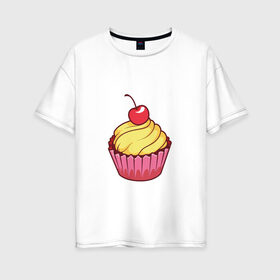 Женская футболка хлопок Oversize с принтом кекс с вишней , 100% хлопок | свободный крой, круглый ворот, спущенный рукав, длина до линии бедер
 | вишенка | вишня | вкусняшка | десерт | еда | желтый | кекс | кексик | крем | нямка | праздник | розовый | сладости | торт | тортик