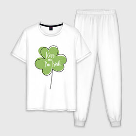 Мужская пижама хлопок с принтом День святого Патрика - Kiss me , 100% хлопок | брюки и футболка прямого кроя, без карманов, на брюках мягкая резинка на поясе и по низу штанин
 | kiss me i am irish | день святого патрика | зеленый | ирландия | клевер | листик | мультяшный | на английском | надпись | патрик | подарок | прикол | символ