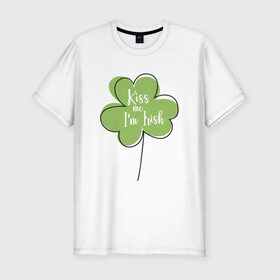 Мужская футболка хлопок Slim с принтом День святого Патрика - Kiss me , 92% хлопок, 8% лайкра | приталенный силуэт, круглый вырез ворота, длина до линии бедра, короткий рукав | kiss me i am irish | день святого патрика | зеленый | ирландия | клевер | листик | мультяшный | на английском | надпись | патрик | подарок | прикол | символ