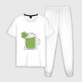Мужская пижама хлопок с принтом День святого Патрика - Пиво , 100% хлопок | брюки и футболка прямого кроя, без карманов, на брюках мягкая резинка на поясе и по низу штанин
 | день святого патрика | зеленый | ирландия | клевер | кружка | листик | мультяшный | патрик | пена | пить | подарок | прикол | символ