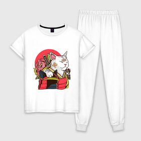Женская пижама хлопок с принтом Кот-самурай , 100% хлопок | брюки и футболка прямого кроя, без карманов, на брюках мягкая резинка на поясе и по низу штанин | art | cat | helmet | hieroglyphs | japan | katana | samurai | sword | арт | иероглифы | катана | кот | котик | меч | самурай | шлем | япония