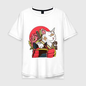 Мужская футболка хлопок Oversize с принтом Кот-самурай , 100% хлопок | свободный крой, круглый ворот, “спинка” длиннее передней части | art | cat | helmet | hieroglyphs | japan | katana | samurai | sword | арт | иероглифы | катана | кот | котик | меч | самурай | шлем | япония