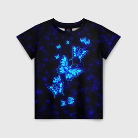 Детская футболка 3D с принтом Неоновые бабочки , 100% гипоаллергенный полиэфир | прямой крой, круглый вырез горловины, длина до линии бедер, чуть спущенное плечо, ткань немного тянется | butterfly | dream | fantasy | neon | space | stars | wings | бабочки | бабочки космос | блестящие | весна | вселенная | галактика | голубые бабочки | девочкам | девушкам | звезды | космические | космос | крыя | лето