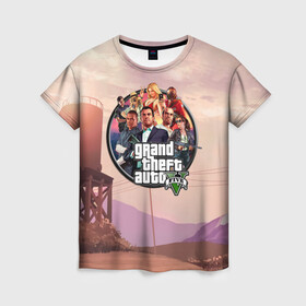 Женская футболка 3D с принтом Grand Theft Auto 5 персонажи , 100% полиэфир ( синтетическое хлопкоподобное полотно) | прямой крой, круглый вырез горловины, длина до линии бедер | 4 | 5 | five | games | grand theft auto | gta | gta v | los santos | online | rockstar | san andreas | великое авто воровство | гта | гташка | игры | логотип | лос сантос | майкл | мафия | ограбление | онлайн | пеф | рокстар | самп | сан андреас 
