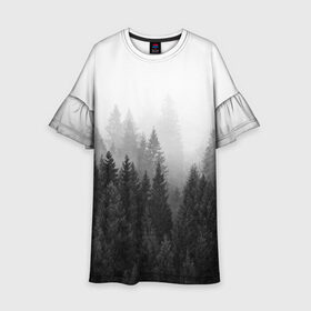 Детское платье 3D с принтом Туманный лес , 100% полиэстер | прямой силуэт, чуть расширенный к низу. Круглая горловина, на рукавах — воланы | Тематика изображения на принте: tegunvteg | деревья | лес | листья | природа | темный лес | туман | туманный лес