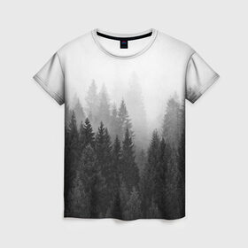 Женская футболка 3D с принтом Туманный лес , 100% полиэфир ( синтетическое хлопкоподобное полотно) | прямой крой, круглый вырез горловины, длина до линии бедер | tegunvteg | деревья | лес | листья | природа | темный лес | туман | туманный лес