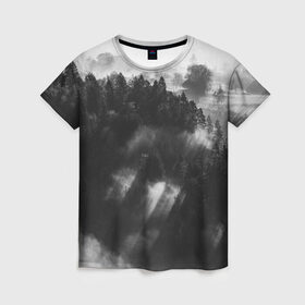 Женская футболка 3D с принтом Туман в лесу , 100% полиэфир ( синтетическое хлопкоподобное полотно) | прямой крой, круглый вырез горловины, длина до линии бедер | tegunvteg | деревья | лес | листья | природа | темный лес | туман