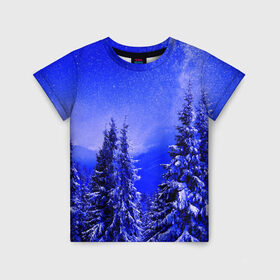 Детская футболка 3D с принтом Зимний лес , 100% гипоаллергенный полиэфир | прямой крой, круглый вырез горловины, длина до линии бедер, чуть спущенное плечо, ткань немного тянется | Тематика изображения на принте: tegunvteg | деревья | зима | зимний лес | лес | листья | мороз | природа | снег | темный лес