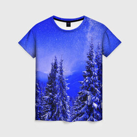 Женская футболка 3D с принтом Зимний лес , 100% полиэфир ( синтетическое хлопкоподобное полотно) | прямой крой, круглый вырез горловины, длина до линии бедер | tegunvteg | деревья | зима | зимний лес | лес | листья | мороз | природа | снег | темный лес