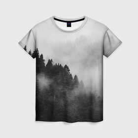 Женская футболка 3D с принтом Природа - Лес , 100% полиэфир ( синтетическое хлопкоподобное полотно) | прямой крой, круглый вырез горловины, длина до линии бедер | tegunvteg | деревья | лес | листья | природа | темный лес | туман | туманный лес