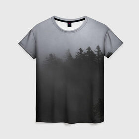 Женская футболка 3D с принтом Лес в дыму , 100% полиэфир ( синтетическое хлопкоподобное полотно) | прямой крой, круглый вырез горловины, длина до линии бедер | tegunvteg | деревья | дым | лес | лес в дыму | листья | природа | темный лес