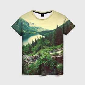 Женская футболка 3D с принтом Красивый лес , 100% полиэфир ( синтетическое хлопкоподобное полотно) | прямой крой, круглый вырез горловины, длина до линии бедер | tegunvteg | горы | деревья | красивый лес | лес | листья | природа | река | темный лес