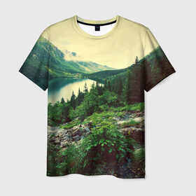 Мужская футболка 3D с принтом Красивый лес , 100% полиэфир | прямой крой, круглый вырез горловины, длина до линии бедер | tegunvteg | горы | деревья | красивый лес | лес | листья | природа | река | темный лес