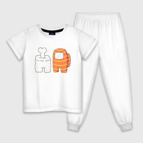 Детская пижама хлопок с принтом AMONG US | IMPOSTOR | СУШИ , 100% хлопок |  брюки и футболка прямого кроя, без карманов, на брюках мягкая резинка на поясе и по низу штанин
 | Тематика изображения на принте: among | among us | crewmate | game | impister | impistor | japan | space | sushi | us | vote | выживший | игра | космос | невиновный | предатель | роллы | рыба | самозванец | суши | япония
